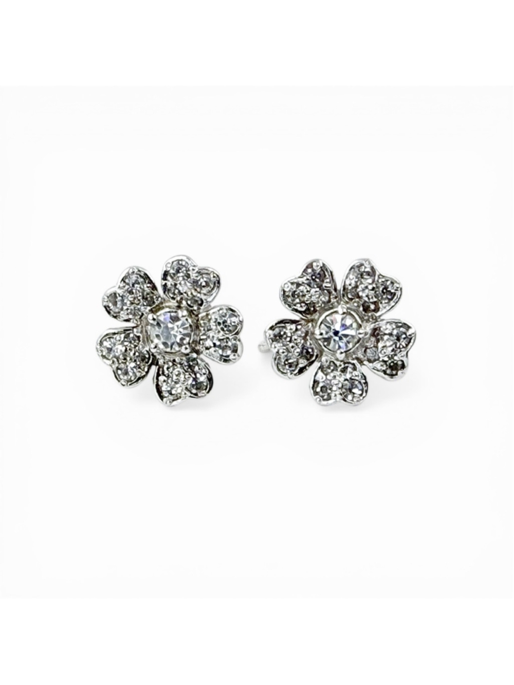Vintage Keyes Rhinestone Flower Earrings Screw Back Silver Tone Bridal Cluster